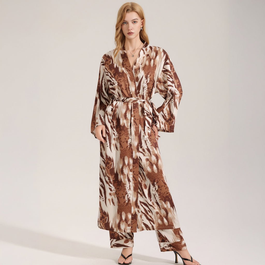 The Leopard Luxe | Women's Leopard Print Satin Long Robe - Negative Apparel