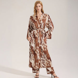 The Leopard Luxe | Women's Leopard Print Satin Long Robe - Negative Apparel