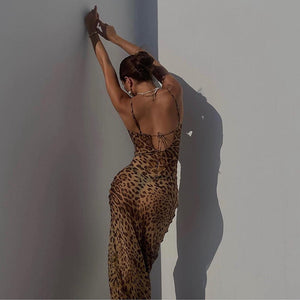 The Leopard Temptation | Women's Leopard Print Backless Suspender Maxi Dress - Negative Apparel