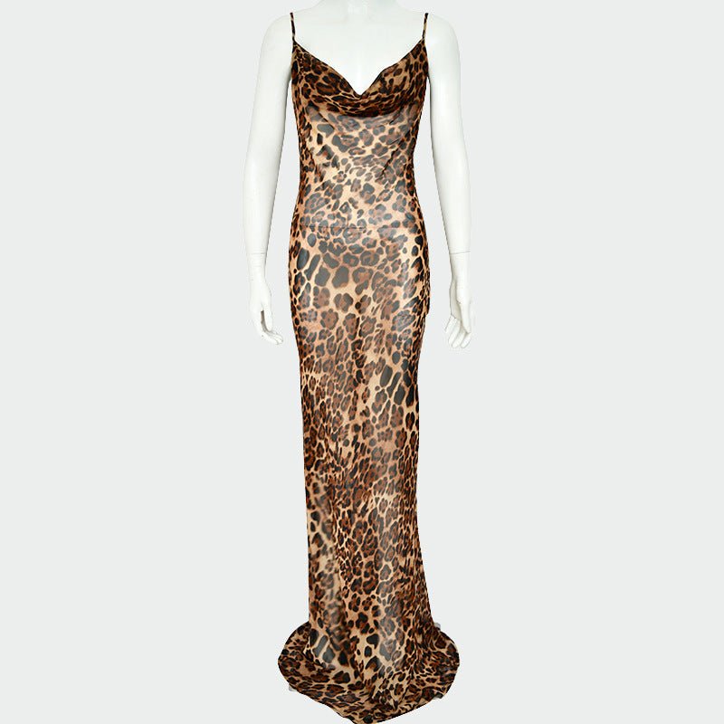 The Leopard Temptation | Women's Leopard Print Backless Suspender Maxi Dress - Negative Apparel