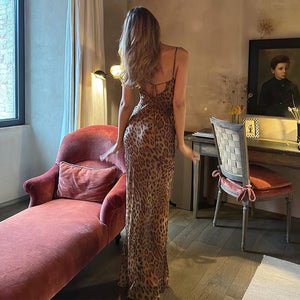 The Leopard Temptation | Women's Leopard Print Backless Suspender Maxi Dress - Negative Apparel