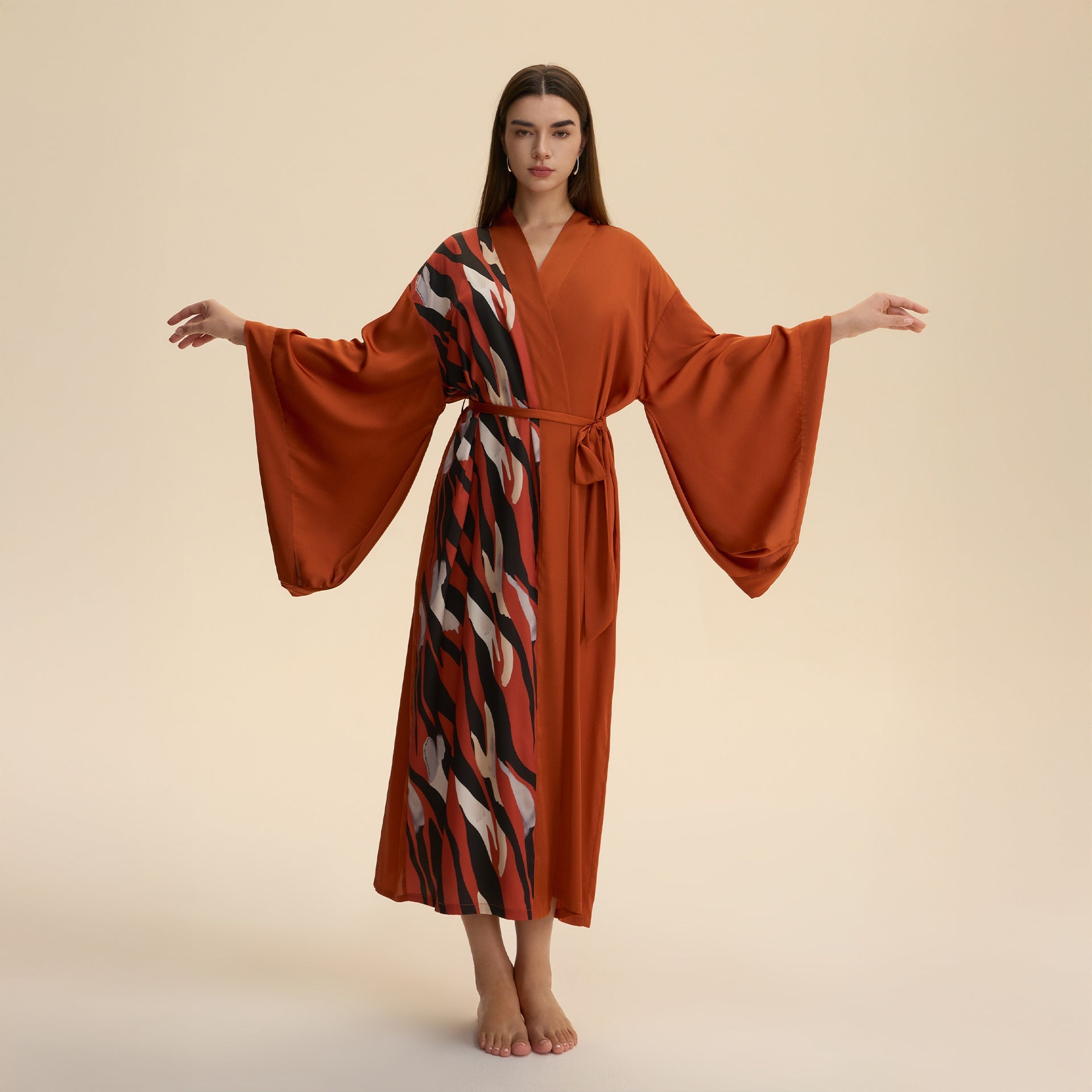 The Luxe Flow | Solid Color V - Neck Long - Sleeve Satin Maxi Robe - Negative Apparel