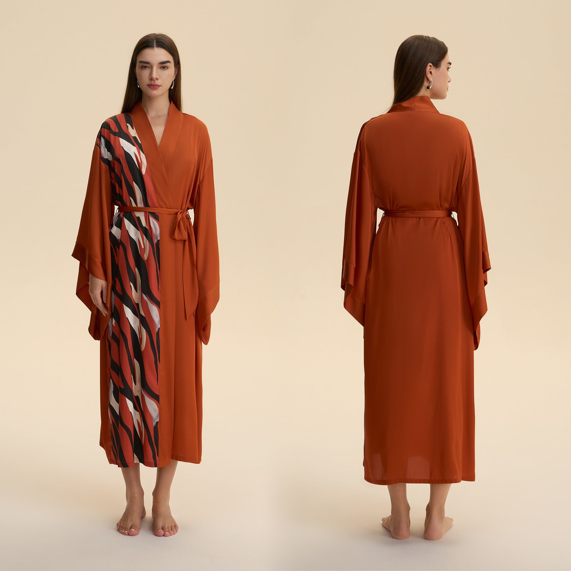 The Luxe Flow | Solid Color V - Neck Long - Sleeve Satin Maxi Robe - Negative Apparel