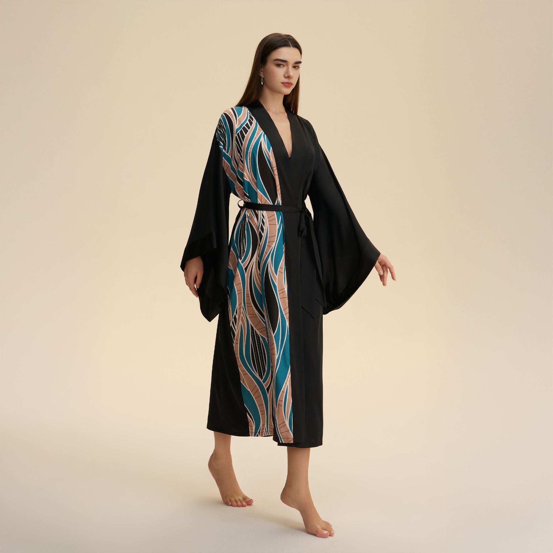 The Luxe Flow | Solid Color V - Neck Long - Sleeve Satin Maxi Robe - Negative Apparel