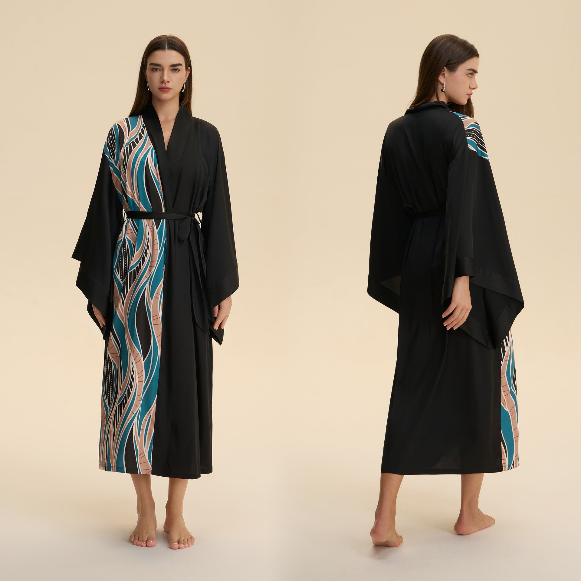 The Luxe Flow | Solid Color V - Neck Long - Sleeve Satin Maxi Robe - Negative Apparel