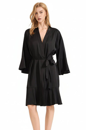 The Matte Elegance | Solid Black Ruffle V - Neck Satin Midi Sleep Dress - Negative Apparel