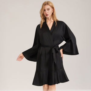 The Matte Elegance | Solid Black Ruffle V - Neck Satin Midi Sleep Dress - Negative Apparel