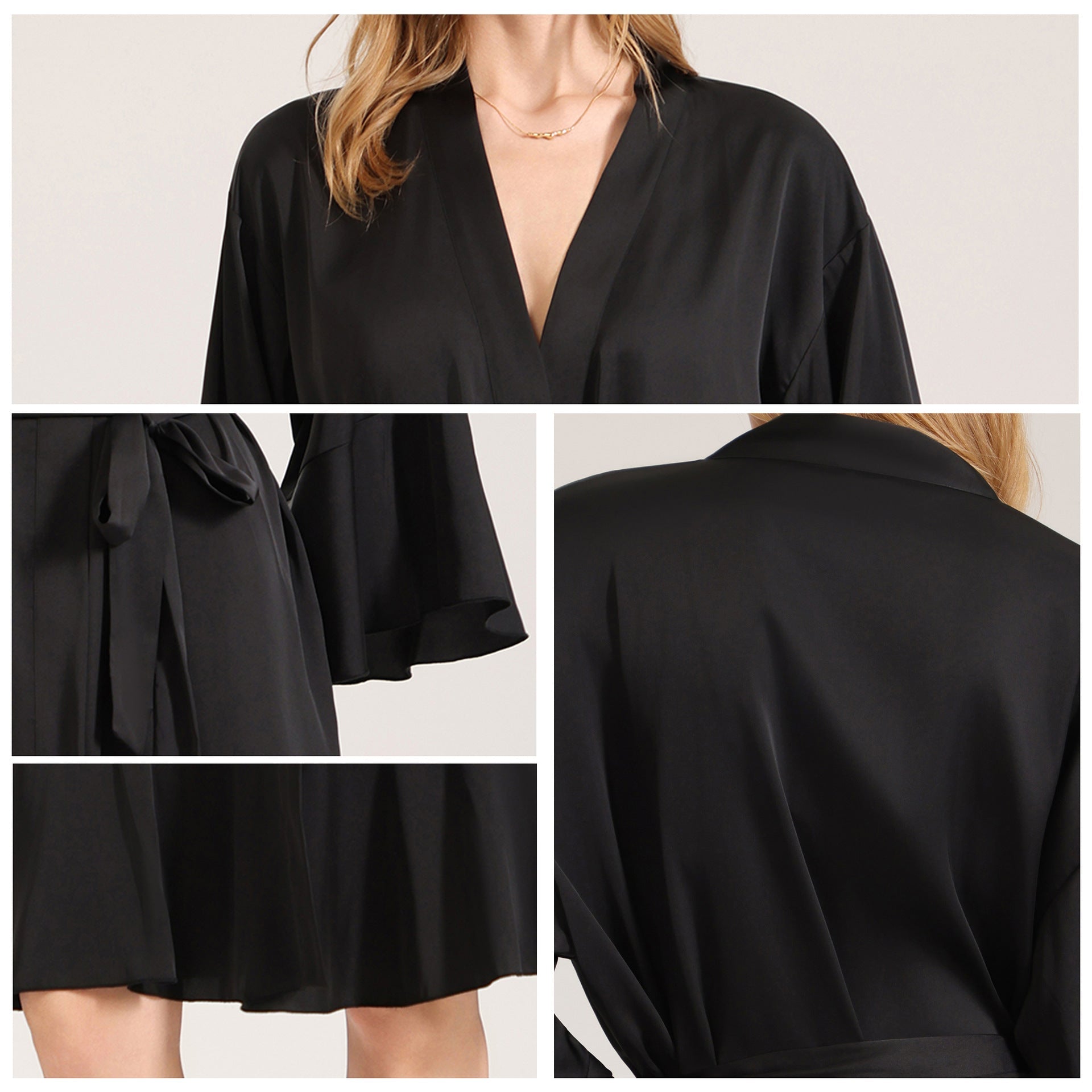 The Matte Elegance | Solid Black Ruffle V - Neck Satin Midi Sleep Dress - Negative Apparel