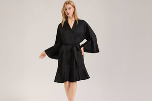 The Matte Elegance | Solid Black Ruffle V - Neck Satin Midi Sleep Dress - Negative Apparel