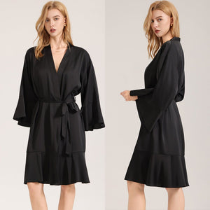 The Matte Elegance | Solid Black Ruffle V - Neck Satin Midi Sleep Dress - Negative Apparel