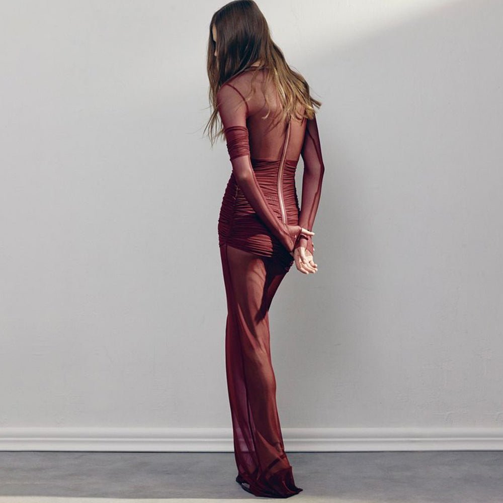 The Mesh Spice | Women's Sexy Mesh Shrink - Pleated Long - Sleeve Maxi Dress - Negative Apparel