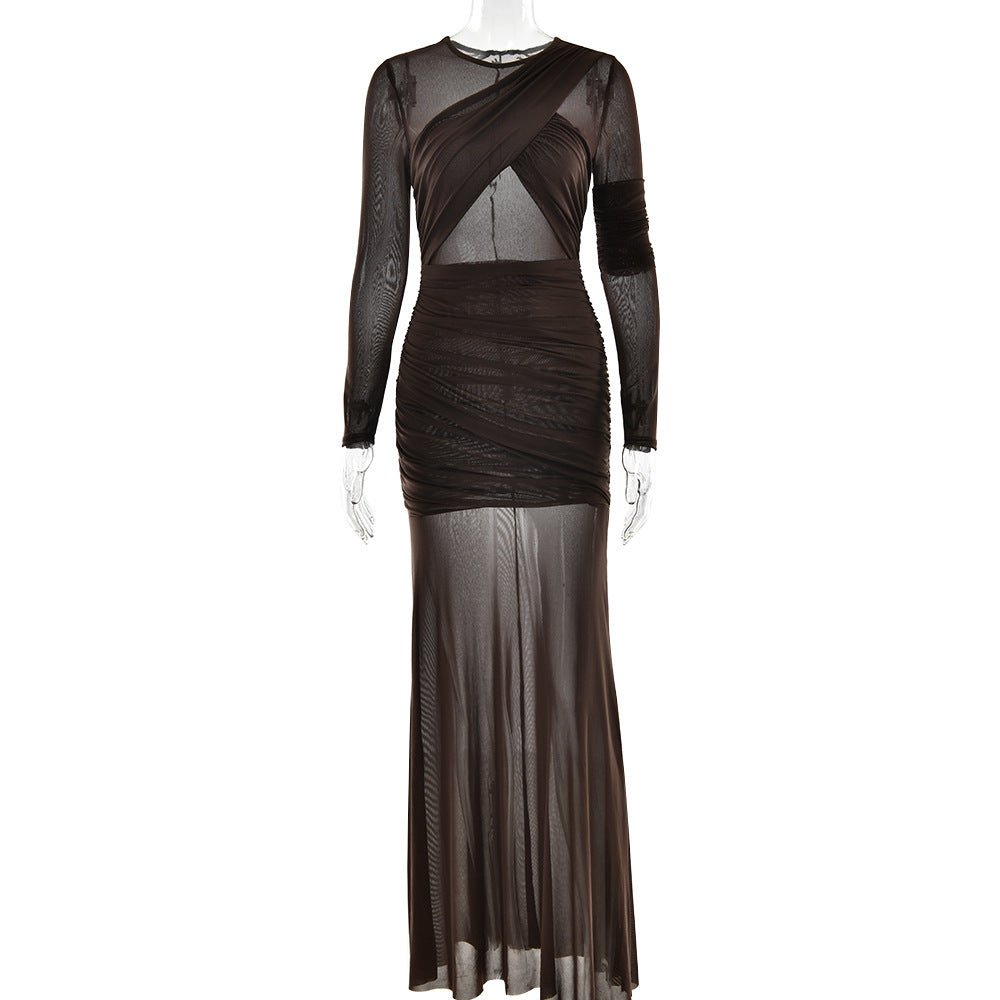The Mesh Spice | Women's Sexy Mesh Shrink - Pleated Long - Sleeve Maxi Dress - Negative Apparel
