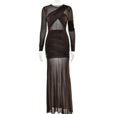 The Mesh Spice | Women's Sexy Mesh Shrink - Pleated Long - Sleeve Maxi Dress - Negative Apparel