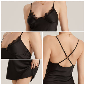 The Midnight Desire | Women's Lace Trim Satin Suspender Chemise Nightdress - Negative Apparel