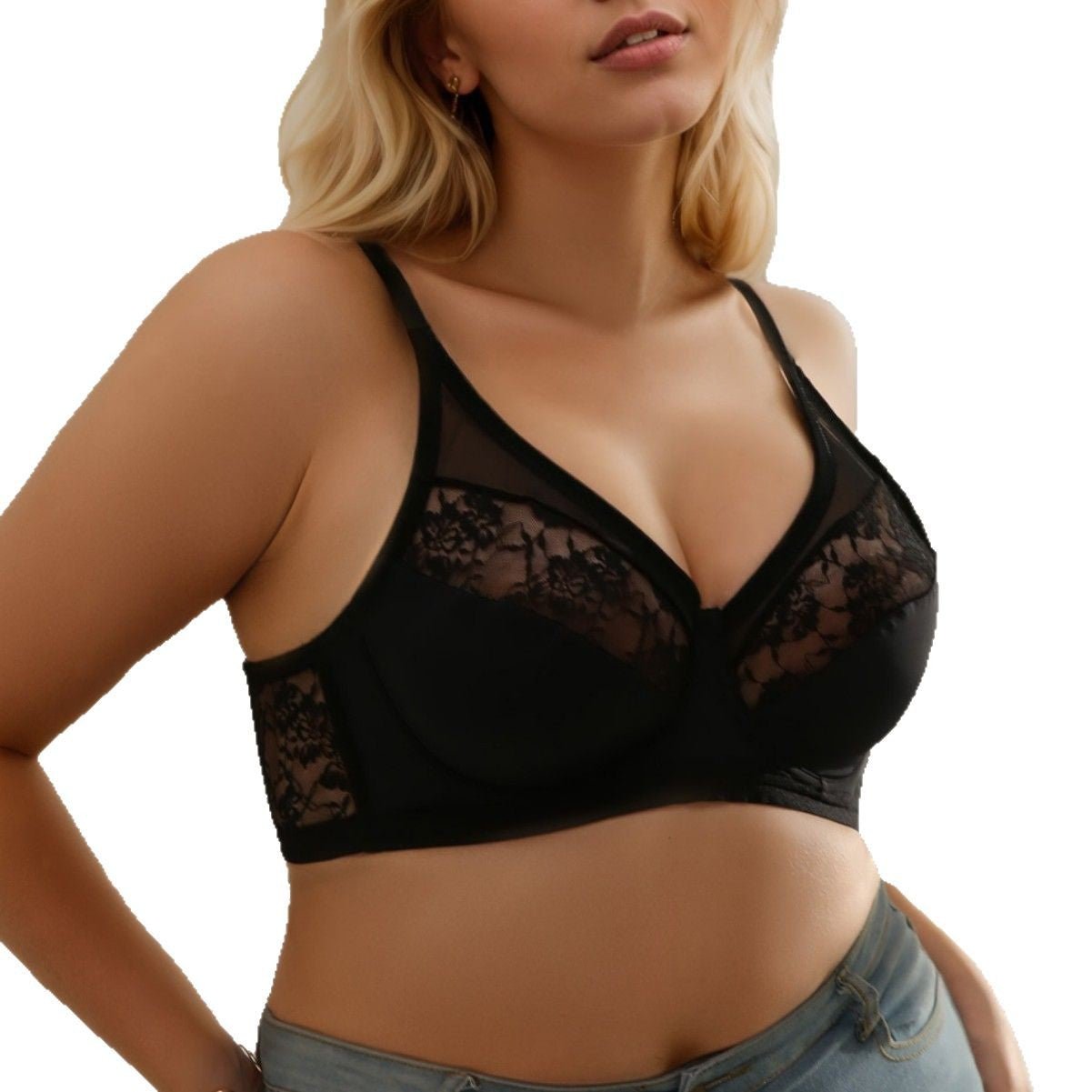 The Midnight Lace | Plus Size Black Lace Splicing Underwire Bra - Negative Apparel