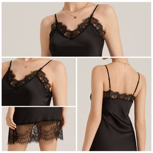 The Midnight Lace | Women's Lace Trim Satin Chemise Nightdress - Negative Apparel