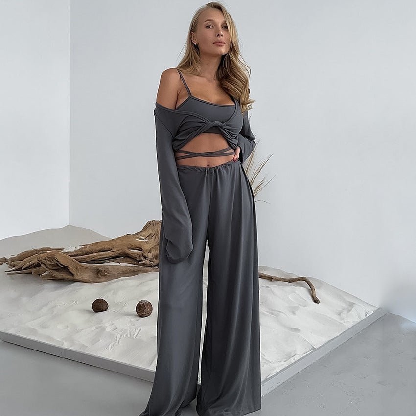 The Modal Comfort | Solid Color Long - Sleeve Three - Piece Pajama Set - Negative Apparel