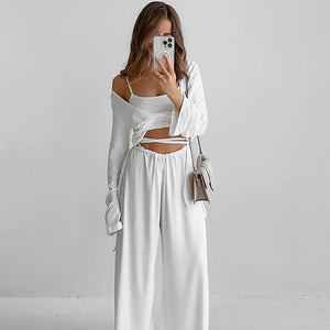 The Modal Comfort | Solid Color Long - Sleeve Three - Piece Pajama Set - Negative Apparel