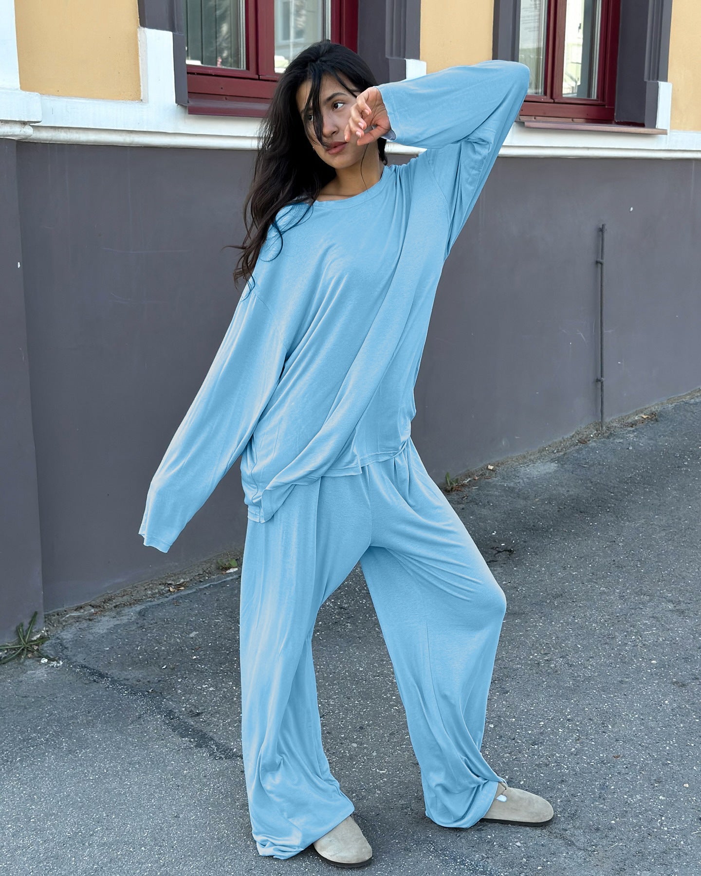 The Modal Comfort | Solid Color Round - Neck Long - Sleeve Top & Pants Pajama Set - Negative Apparel