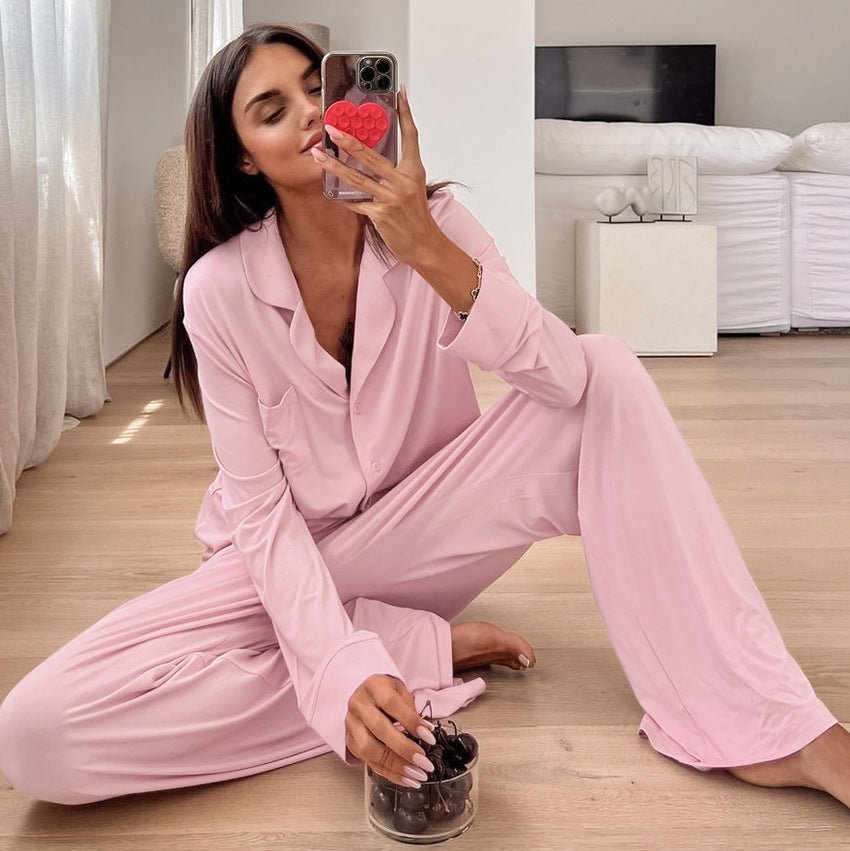 The Modal Ease | Solid Color Collared Long - Sleeve Top & Pants Pajama Set - Negative Apparel