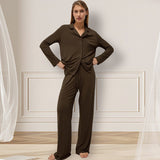 The Modal Ease | Solid Color Collared Long - Sleeve Top & Pants Pajama Set - Negative Apparel