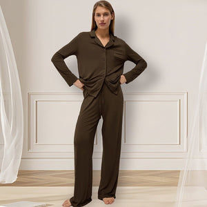 The Modal Ease | Solid Color Collared Long - Sleeve Top & Pants Pajama Set - Negative Apparel