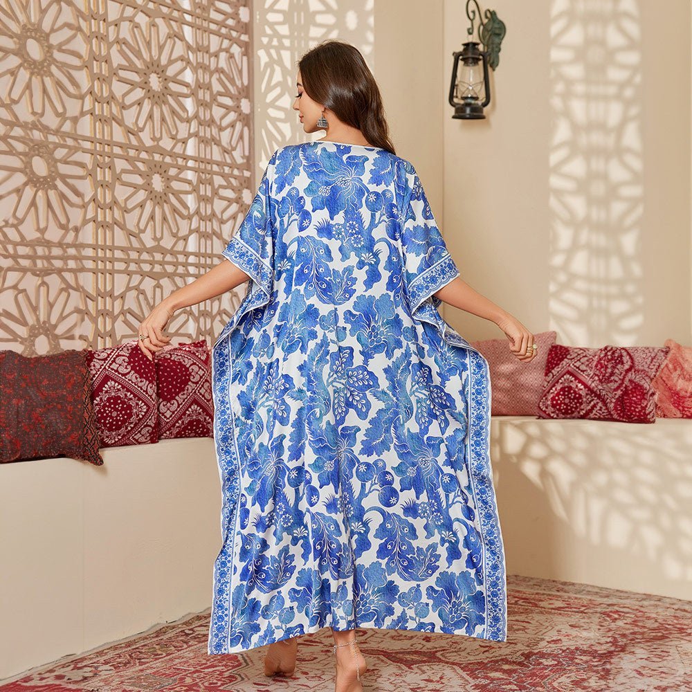 The new satin pajamas women's fashion mid - east wind loose gorgeous printed blouse robe DP3428 - Negative Apparel