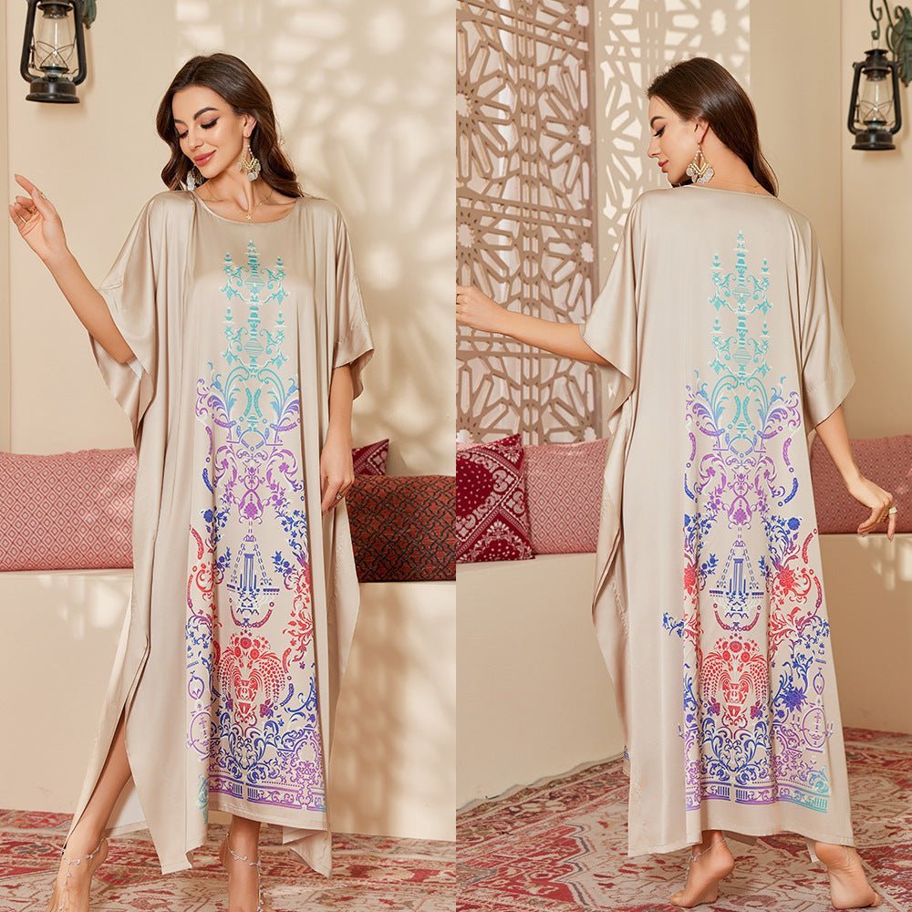 The new satin pajamas women's fashion mid - east wind loose gorgeous printed blouse robe DP3428 - Negative Apparel