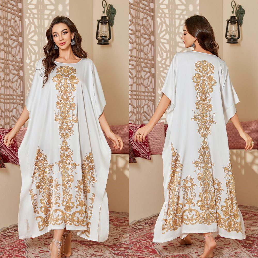 The new satin pajamas women's fashion mid - east wind loose gorgeous printed blouse robe DP3428 - Negative Apparel