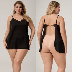 The Noir Desire | Women's Plus - Size Ice Silk Satin Suspender Chemise Nightdress - Negative Apparel