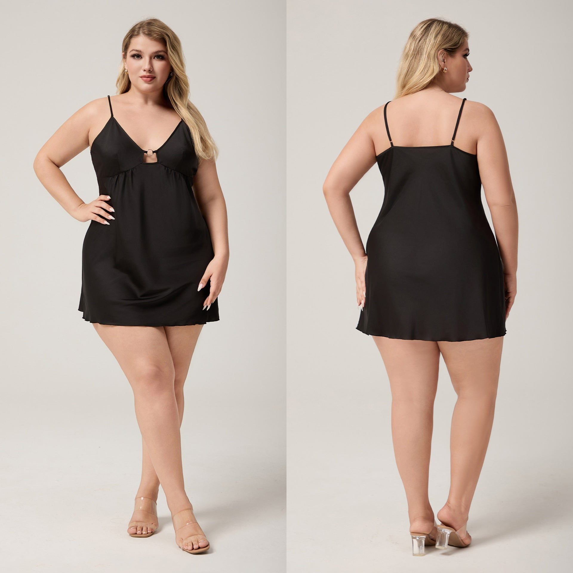 The Noir Desire | Women's Plus - Size Satin Suspender Chemise Nightdress - Negative Apparel