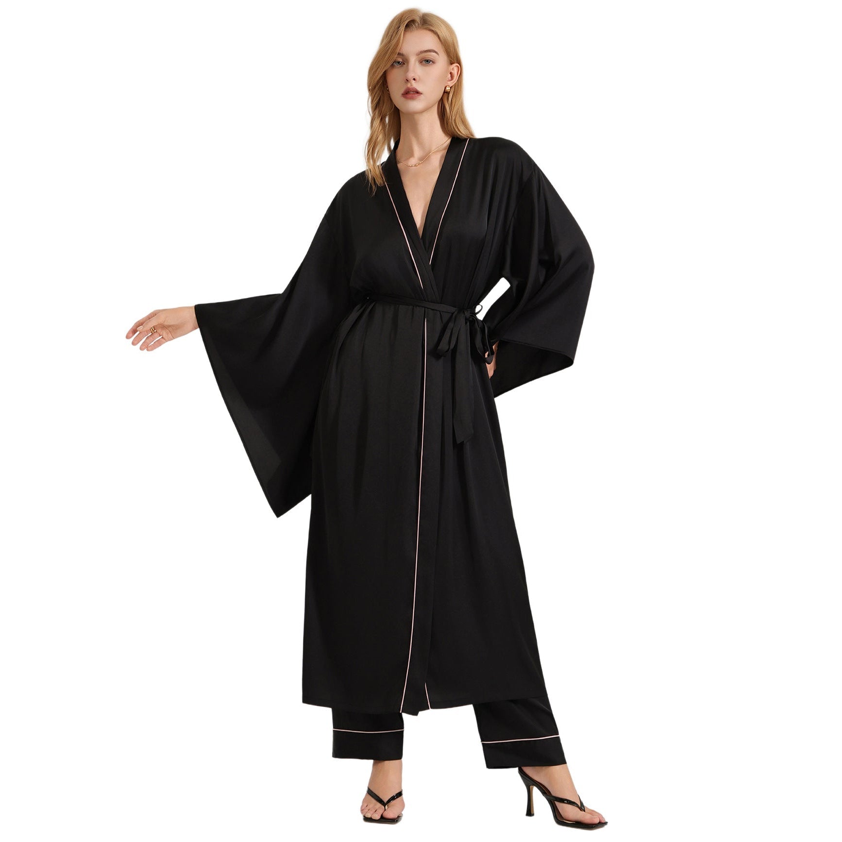 The Noir Elegance | Women's Loose - Sleeve Satin Long Cardigan Robe - Negative Apparel