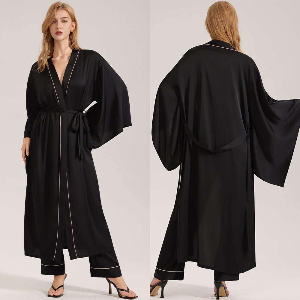 The Noir Elegance | Women's Loose - Sleeve Satin Long Cardigan Robe - Negative Apparel