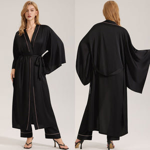 The Noir Elegance | Women's Loose - Sleeve Satin Long Cardigan Robe - Negative Apparel