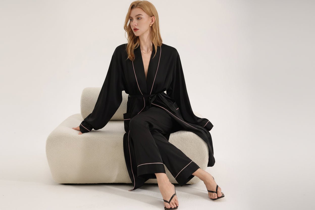 The Noir Elegance | Women's Satin Long - Sleeve Robe - Negative Apparel