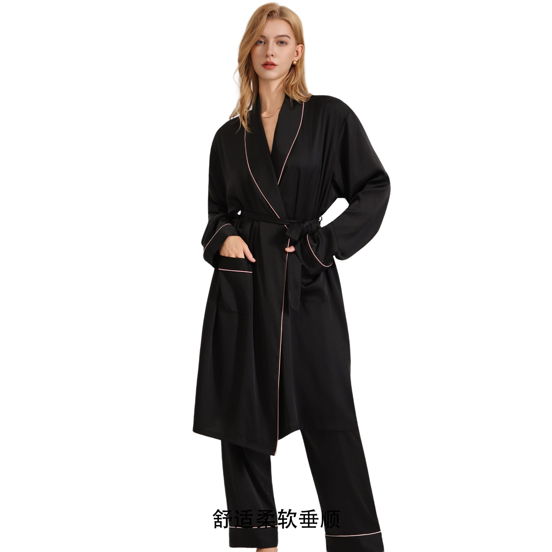 The Noir Elegance | Women's Satin Long - Sleeve Robe - Negative Apparel
