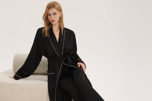 The Noir Elegance | Women's Satin Long - Sleeve Robe - Negative Apparel
