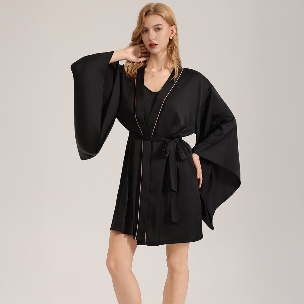 The Noir Elegance | Women's Satin Wide-Sleeve Short Robe - Negative Apparel