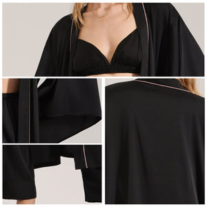 The Noir Harmony | Women's Satin Long - Sleeve Robe, Cami & Long Pants Three - Piece Set - Negative Apparel