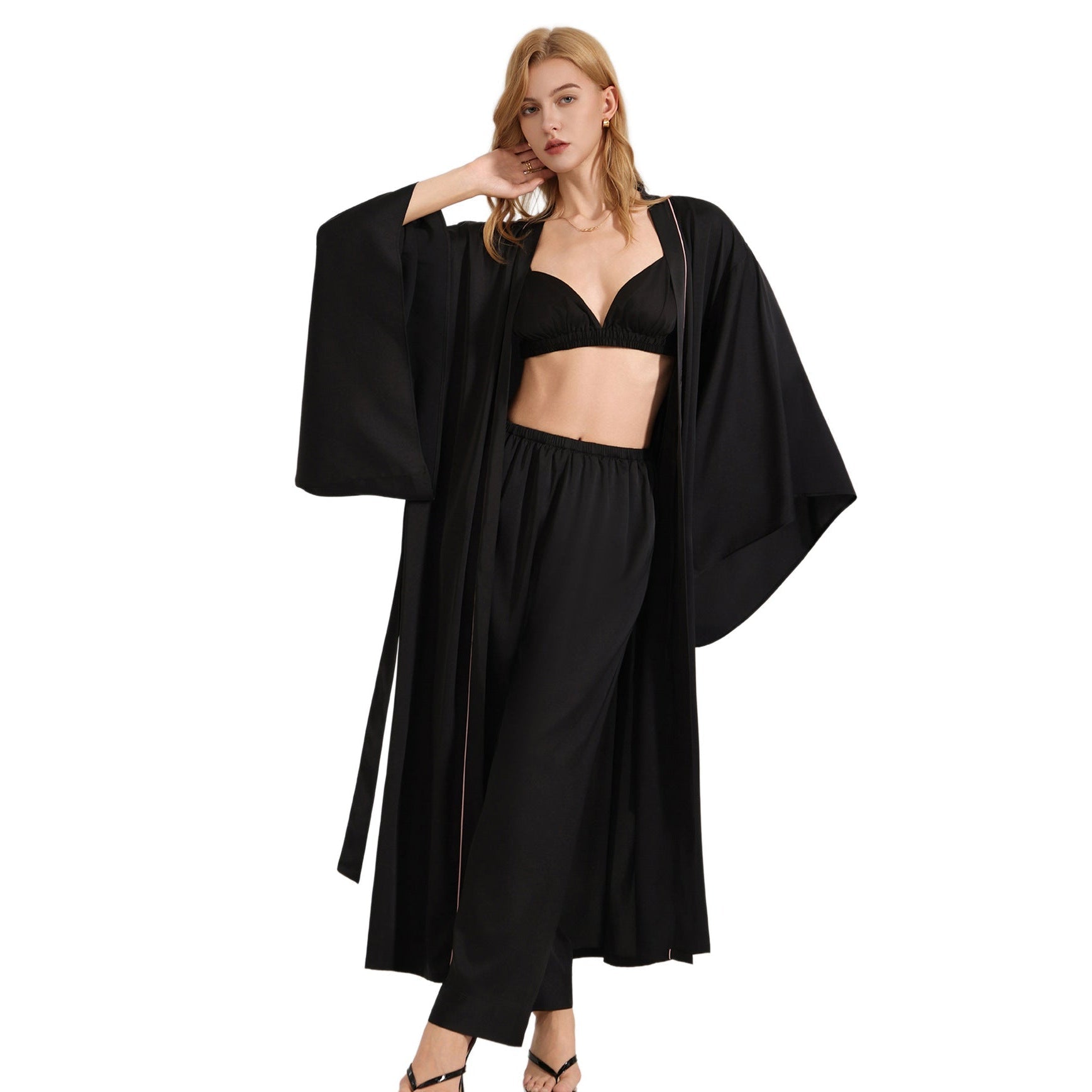 The Noir Harmony | Women's Satin Long - Sleeve Robe, Cami & Long Pants Three - Piece Set - Negative Apparel