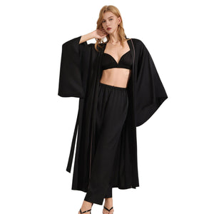 The Noir Harmony | Women's Satin Long - Sleeve Robe, Cami & Long Pants Three - Piece Set - Negative Apparel