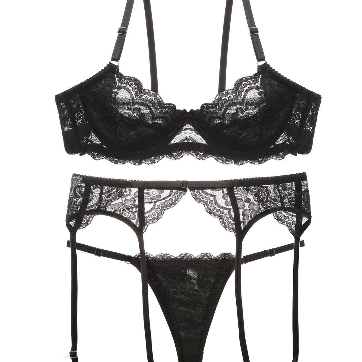 The Onyx Elite | 3 - Piece Underwire Lace Bra & Garter Set - Negative Apparel