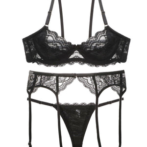 The Onyx Elite | 3 - Piece Underwire Lace Bra & Garter Set - Negative Apparel