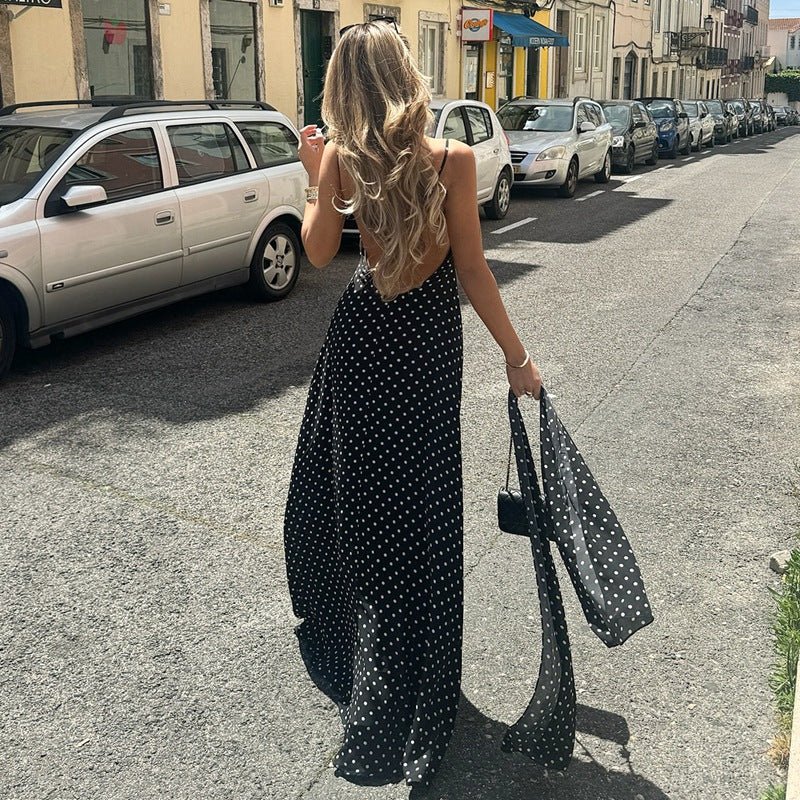 The Polka Dot Temptation | Black Polka Dot V - Neck Backless Maxi Swing Dress - Negative Apparel