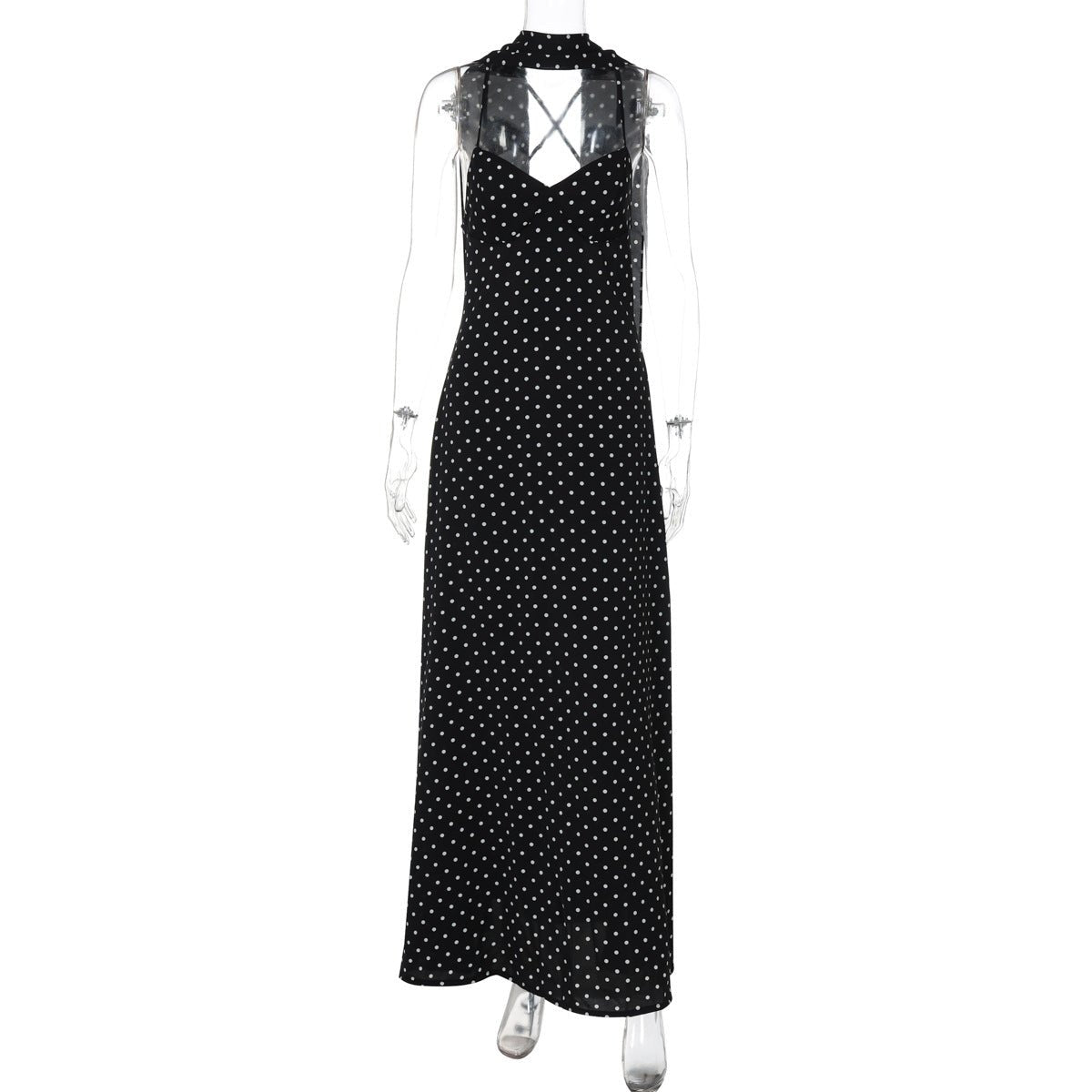 The Polka Dot Temptation | Black Polka Dot V - Neck Backless Maxi Swing Dress - Negative Apparel