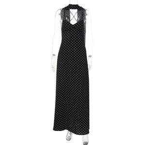 The Polka Dot Temptation | Black Polka Dot V - Neck Backless Maxi Swing Dress - Negative Apparel