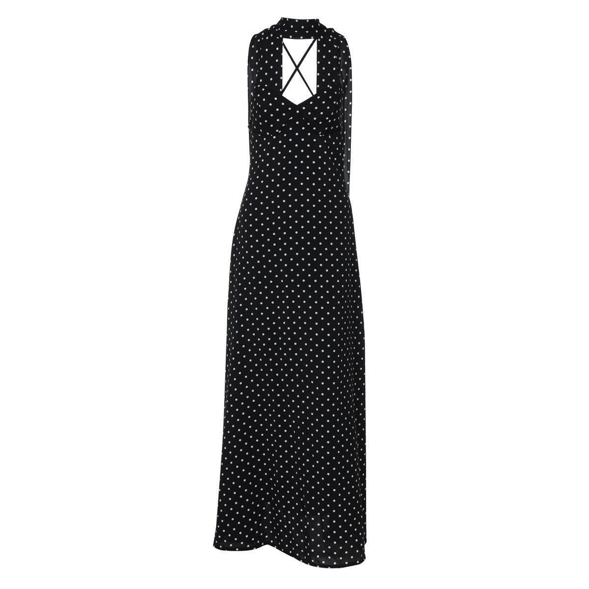 The Polka Dot Temptation | Black Polka Dot V - Neck Backless Maxi Swing Dress - Negative Apparel