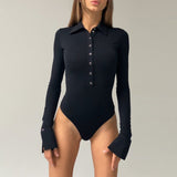 The Polo Allure | Women's Slim Polo Collar Half - Button Long - Sleeve Bodysuit - Negative Apparel