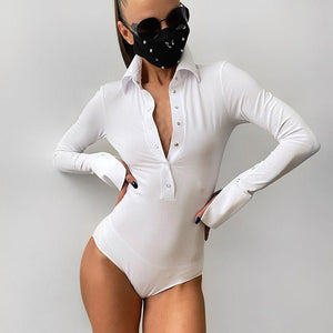 The Polo Allure | Women's Slim Polo Collar Half - Button Long - Sleeve Bodysuit - Negative Apparel