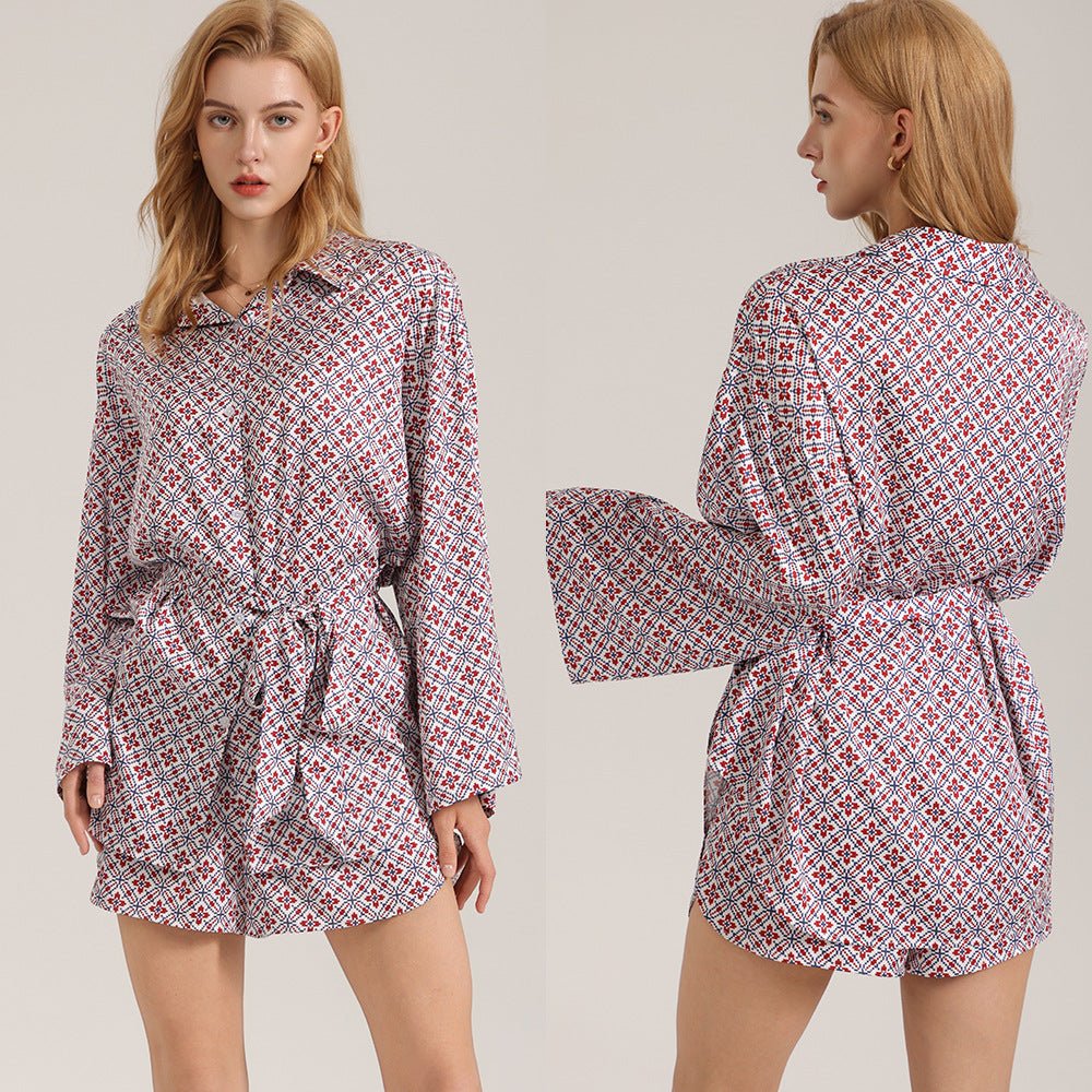 The Retro Geometry | Women's Satin Long - Sleeve Geometric Print Short Pajama Set - Negative Apparel